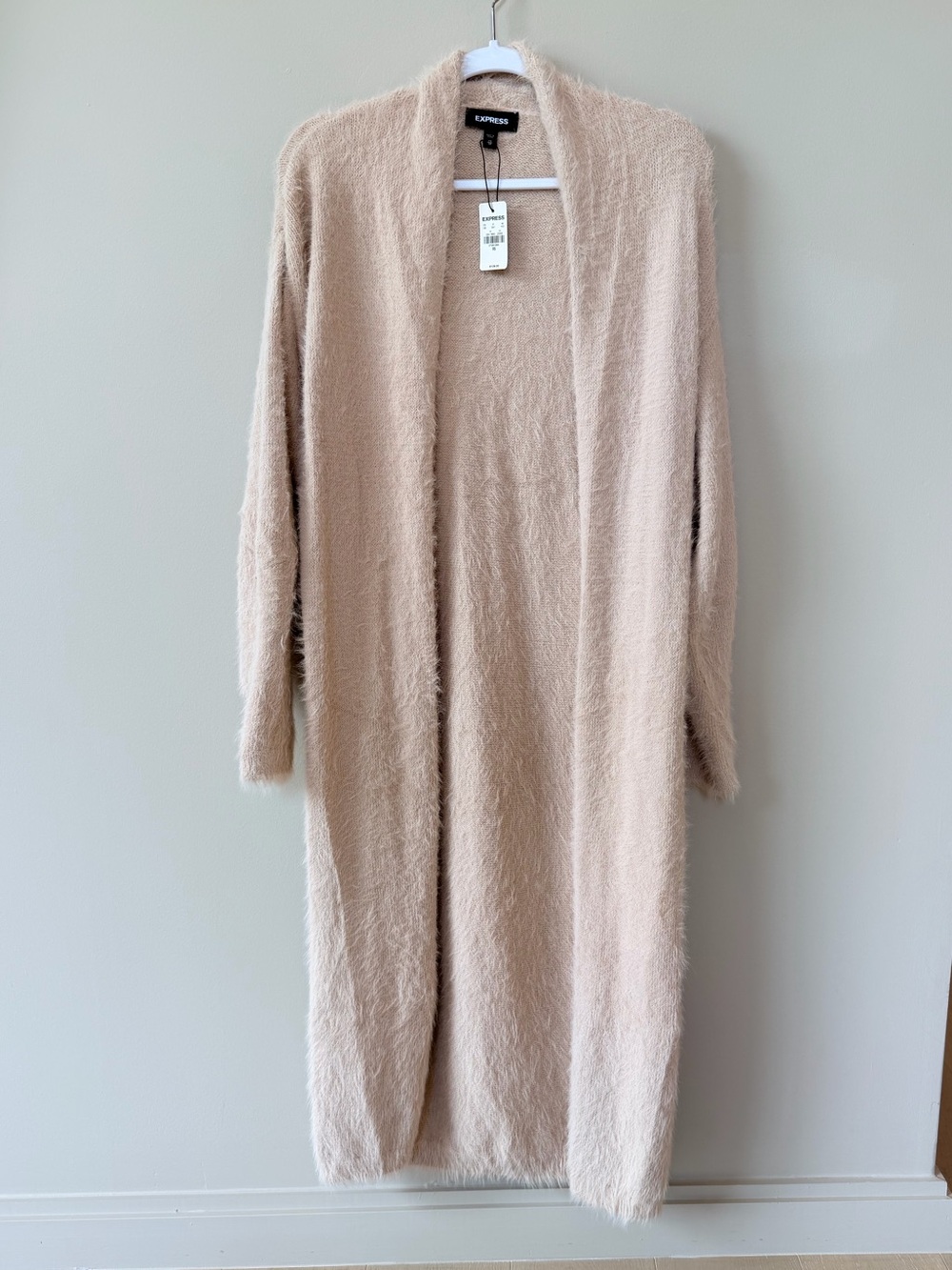 Express Longline Fuzzy Open Front Cardigan in Beige, Size XS NWT
